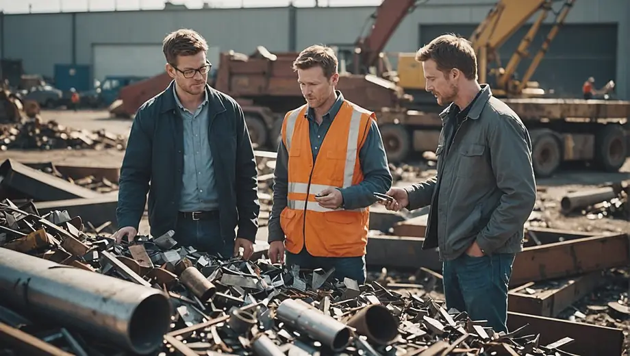 A customer and a professional inspect a pile of scrap metal on site, discussing its value and potential recycling options.