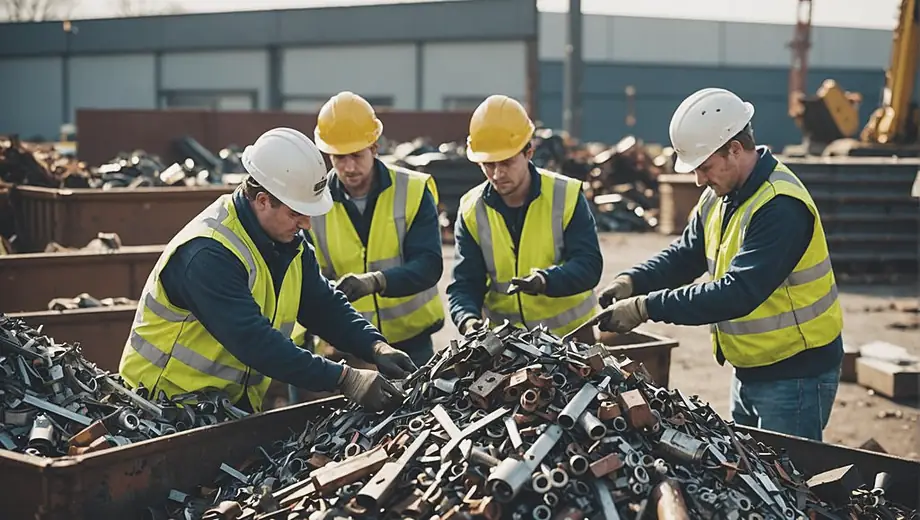A group of workers sorting through piles of scrap metal in a recycling yard, wearing safety gear and using tools to separate different materials.