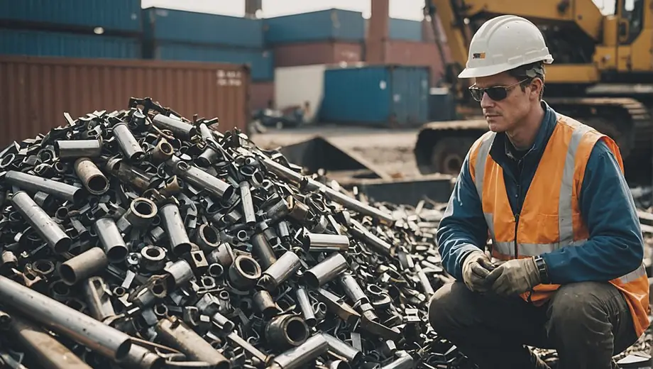 A person wearing safety gear inspects a pile of scrap metal at a metal recycling facility, surrounded by machinery and containers.