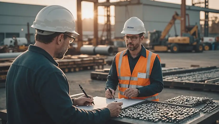 A customer discussing metal prices with a professional metal buyer at an industrial site, surrounded by various metal materials and equipment.
