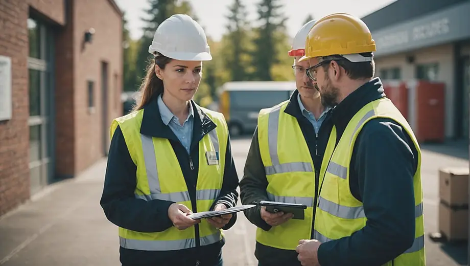 A customer and a professional discuss security measures on-site, examining equipment and reviewing safety protocols together.
