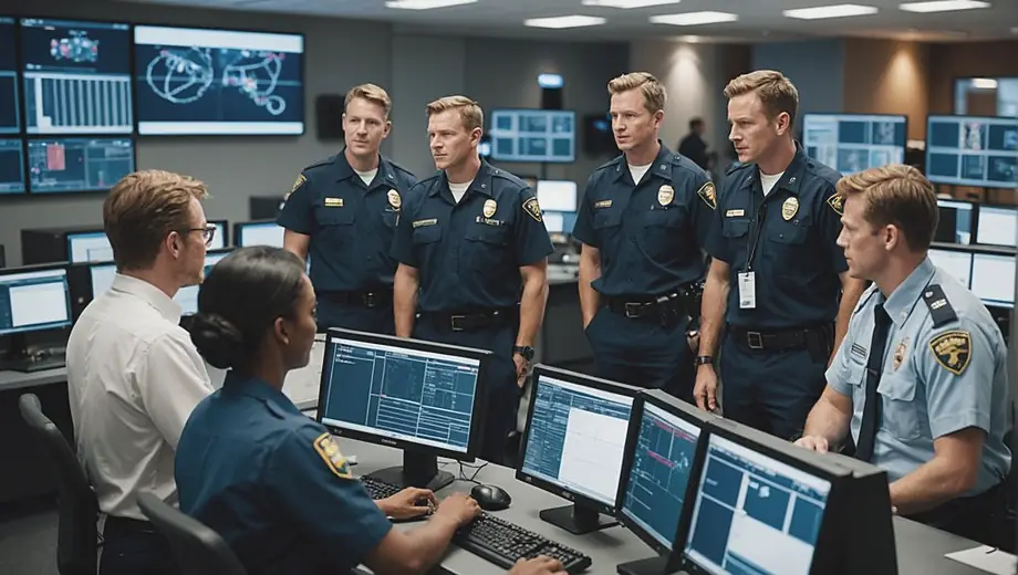 A diverse group of professionals in uniforms discussing strategies while monitoring security systems in a control room, emphasizing their commitment to providing effective security service.