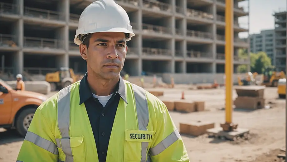 A security company professional stands confidently at a construction site, monitoring the area while wearing a uniform and safety gear.