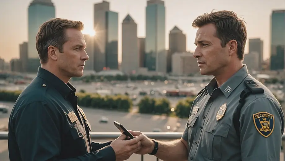 A customer discusses their needs with a professional from a security guard service on-site, highlighting the importance of safety and protection for their property.