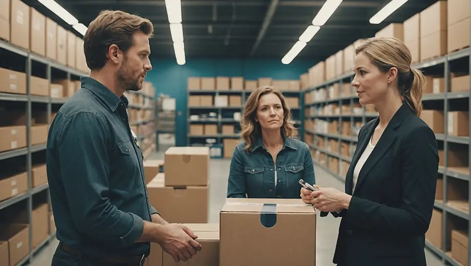 A customer and a professional discuss self-storage options at a facility, surrounded by various storage units and packing supplies.