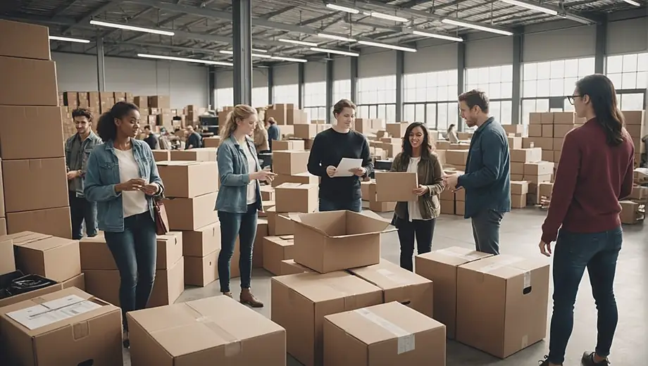 A diverse group of people organizing their belongings inside a modern storage facility, showcasing various storage units filled with boxes and furniture.