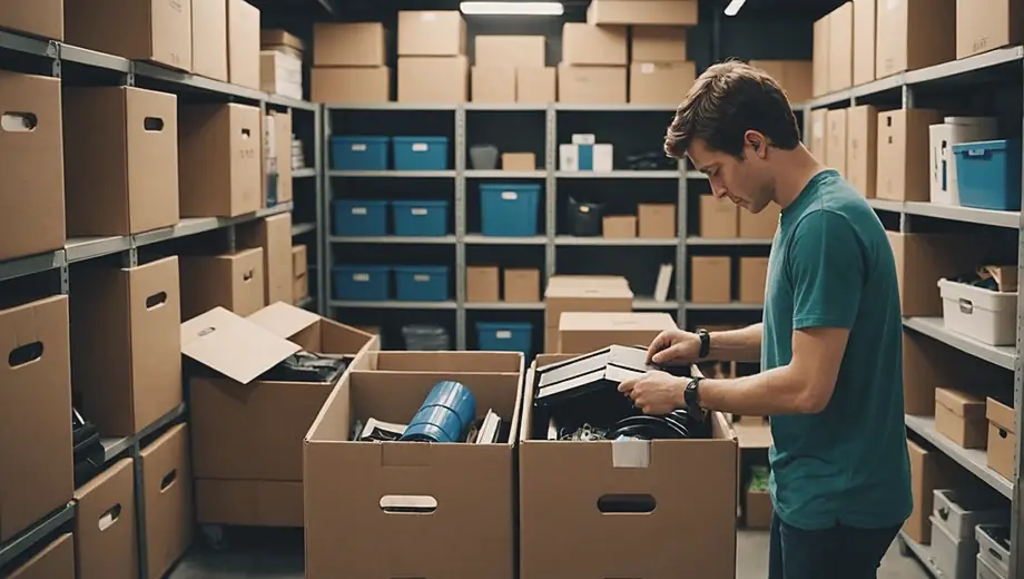 A person organizing belongings inside a self-storage unit, surrounded by neatly stacked boxes and furniture.