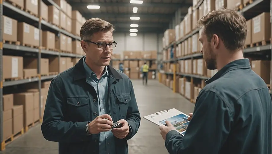A customer discusses their needs with a professional on-site, examining various storage solutions displayed in a well-organized warehouse.