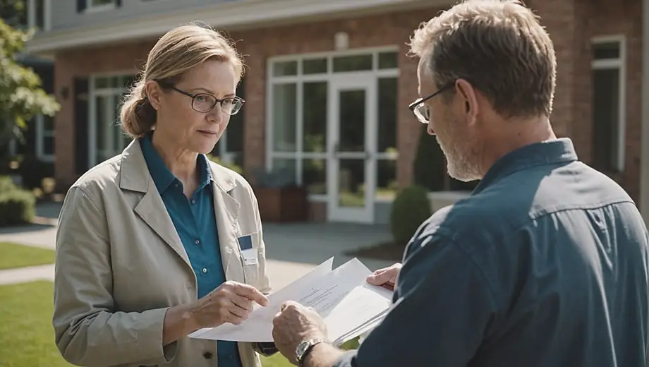 A customer discusses care options with a professional on site, focusing on Senior Care services, while reviewing documents and assessing the environment for comfort and safety.