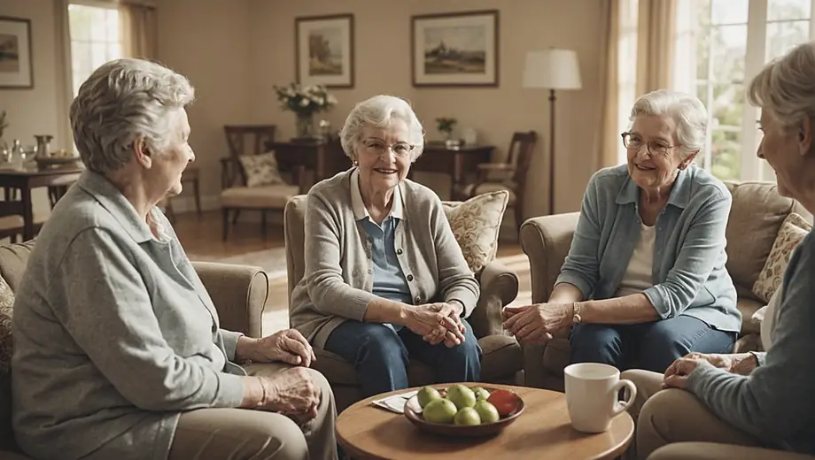 A group of caregivers providing elder care to seniors in a warm and inviting living room, engaging in conversation and activities together.