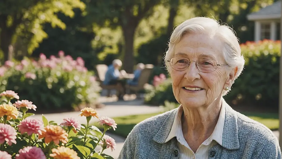 A senior resident enjoying a sunny day in a beautifully landscaped garden at a senior living community, surrounded by vibrant flowers and greenery.