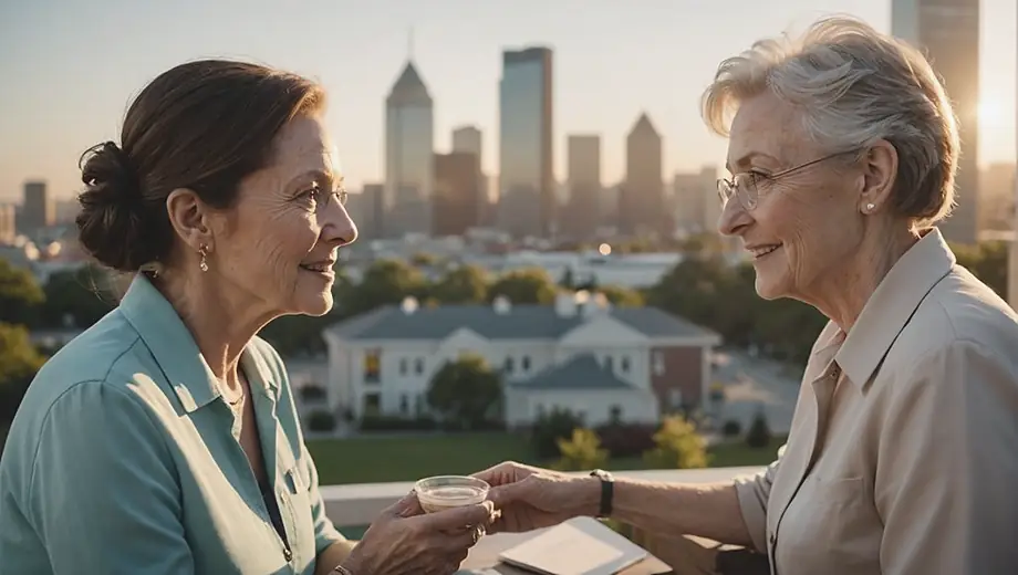 A customer and a professional discuss options for assisted living in a bright, welcoming environment, showcasing a supportive and caring atmosphere.