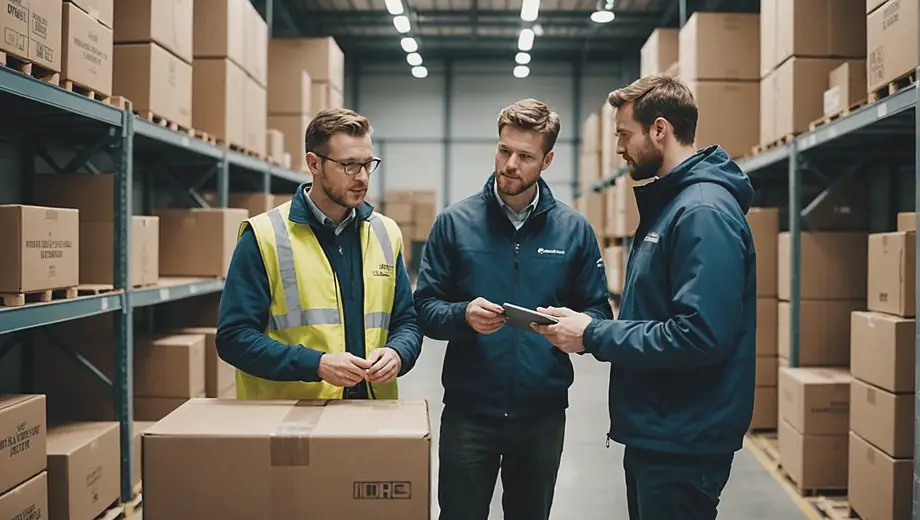 A customer and a professional discuss shipping logistics on-site, surrounded by boxes and shipping materials, highlighting their collaboration in optimizing delivery processes.