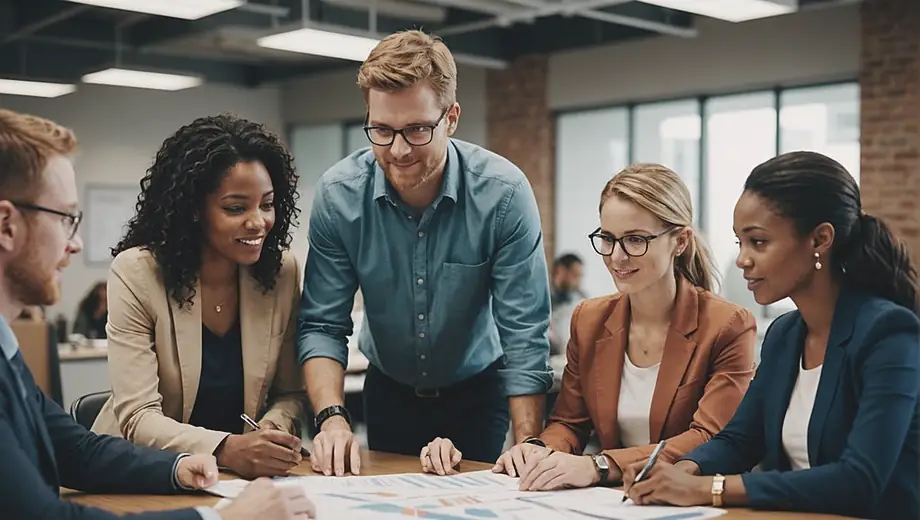 A diverse group of people collaborating in an office setting, discussing logistics and planning strategies for a shipping company.
