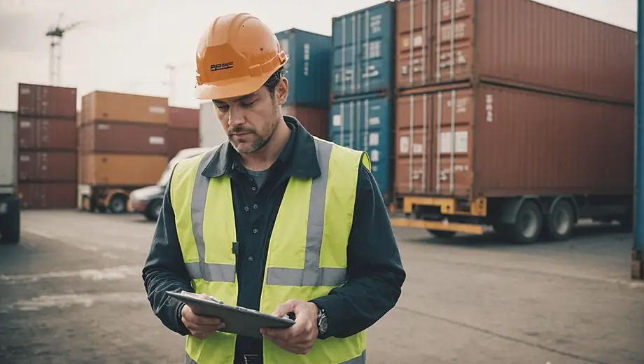 A person in a hard hat and safety vest stands beside a freight shipping container, reviewing paperwork on a clipboard at a busy logistics site.