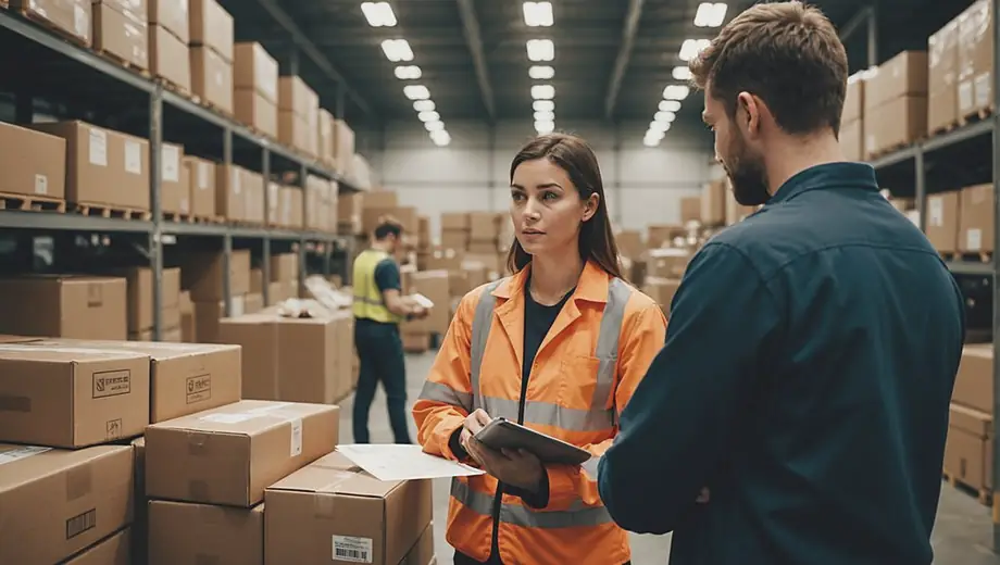 A customer and a logistics service professional discuss delivery options at a busy warehouse, surrounded by packages and shipping equipment.