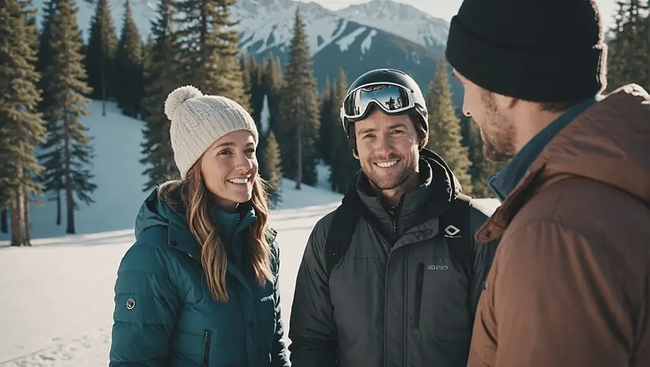 A customer and a professional discuss ski options at a ski resort, surrounded by snow-covered slopes and pine trees.