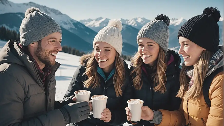 A group of friends enjoying a sunny day at a ski resort, laughing and sharing hot cocoa while surrounded by snow-covered mountains and ski slopes.