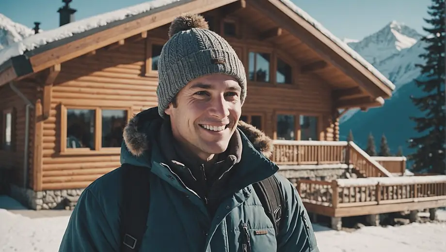 A person stands outside a cozy ski lodge, surrounded by snow-covered mountains, wearing winter gear and smiling as they enjoy the picturesque winter landscape.