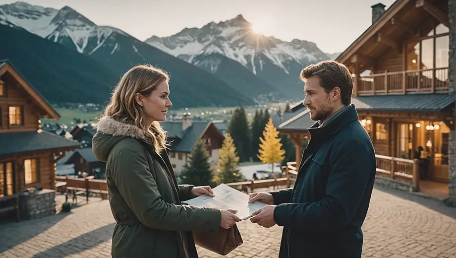 A customer and a professional discuss plans at a mountain resort, surrounded by stunning alpine scenery and cozy lodge architecture.