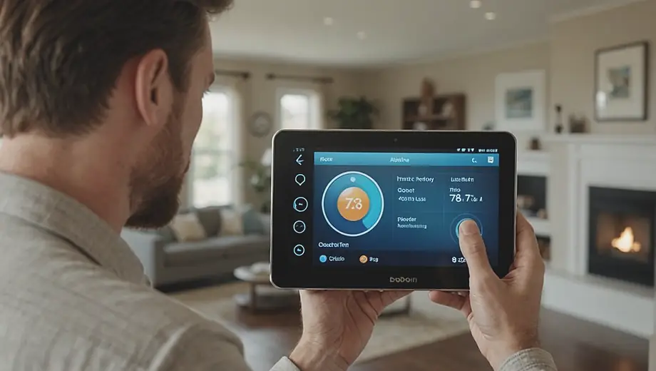 A customer discusses Smart Home Technology with a professional on-site, examining a smart thermostat and other devices while surrounded by modern home features.
