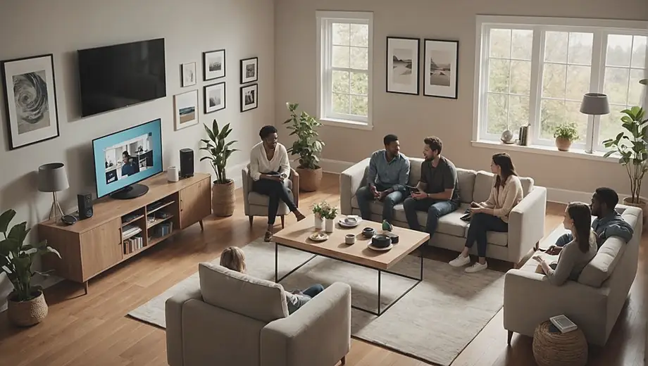 A diverse group of people gathered in a modern living room, interacting with various smart home solutions, such as voice-activated devices, smart lighting, and a home security system, showcasing the convenience and innovation of connected living.