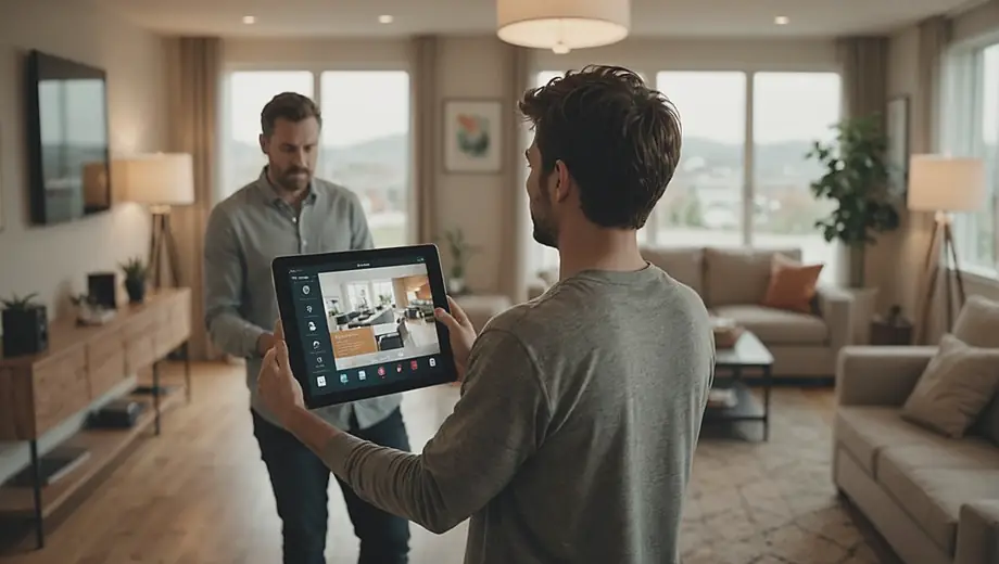 A person stands in a modern living room, interacting with a smart home automation system on a tablet, surrounded by automated lighting and smart devices.