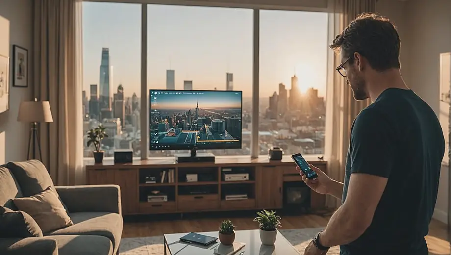 A customer observes a technician expertly performing smart device installation in their living room, ensuring seamless connectivity and functionality.