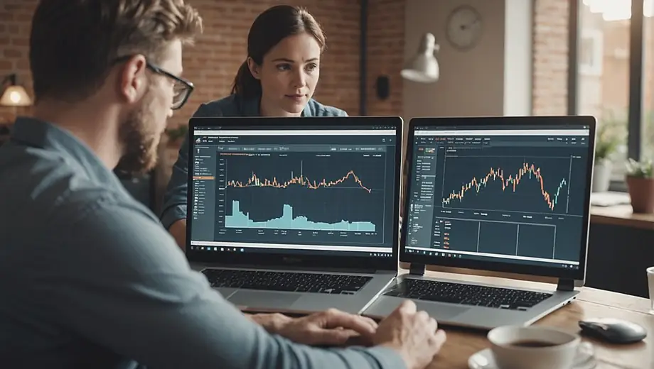 A customer and a professional collaborate on-site, discussing software solutions while reviewing a laptop screen filled with data and charts.