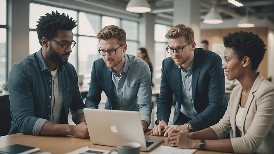 A diverse group of professionals collaborating in a modern office space, discussing projects and ideas for a software company.
