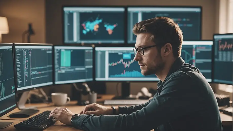 A software developer focused on coding at a desk, surrounded by monitors displaying lines of code and project management tools.