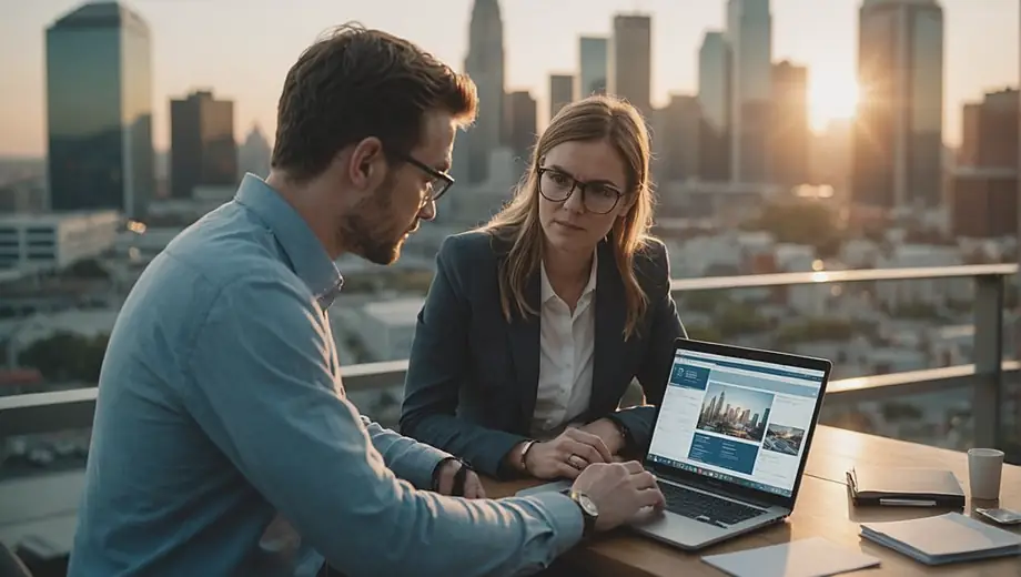 A customer and a professional discuss software solutions on-site, examining a laptop while surrounded by equipment and documents.