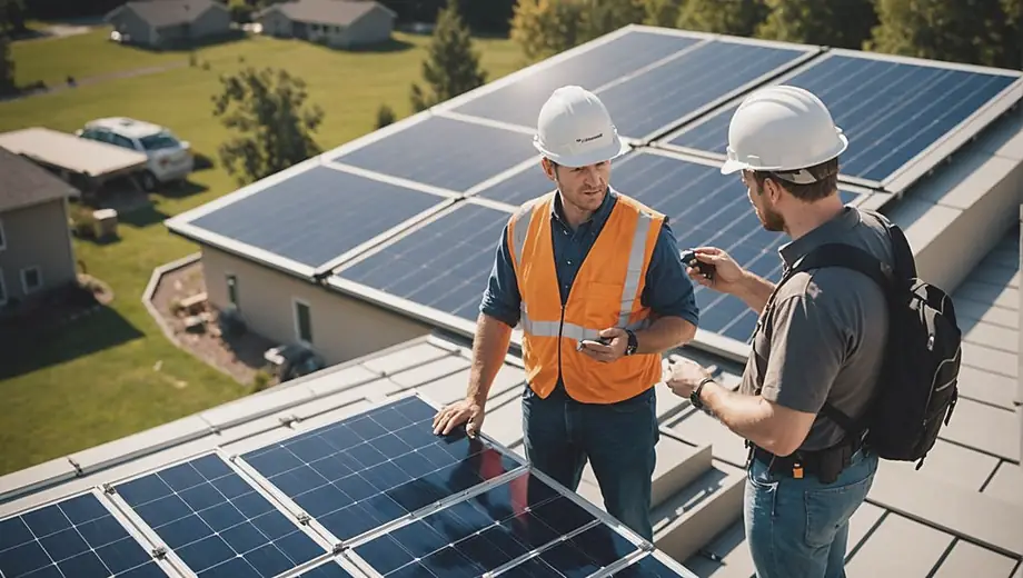 A customer and a professional discuss solar panel installation on-site, examining the roof and reviewing plans while surrounded by equipment and tools.