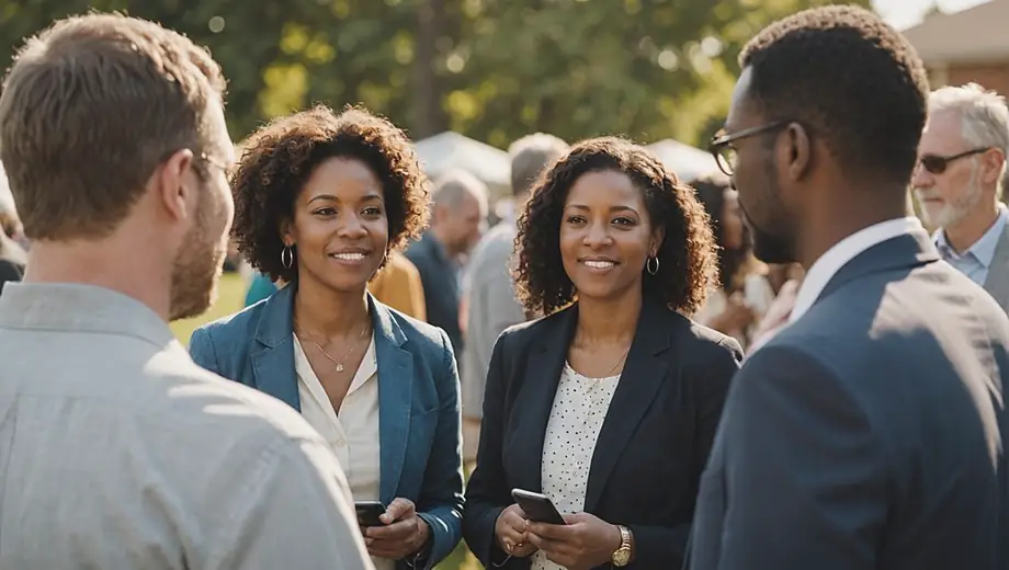 A diverse group of people gathered at a community event, discussing the benefits of solar energy with representatives from a local solar energy provider, showcasing solar panels and sustainable practices.