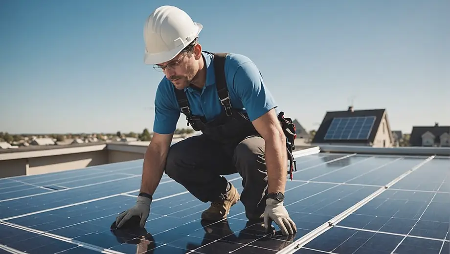 A solar panel installer working on a rooftop, carefully positioning solar panels under a clear blue sky.