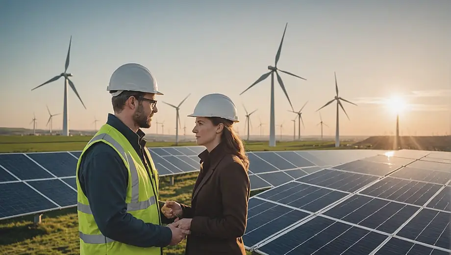 A customer and a professional discuss renewable energy solutions on-site, surrounded by solar panels and wind turbines, highlighting the importance of sustainable energy practices.