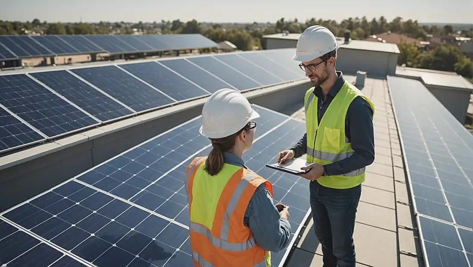 A customer and a professional discuss solar energy solutions on-site, examining solar panels installed on a rooftop under a clear blue sky.