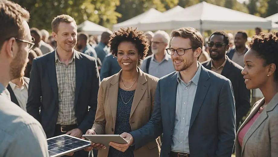 A diverse group of people gathered at a community event, discussing renewable energy solutions with a solar power provider, showcasing solar panels and informational materials.