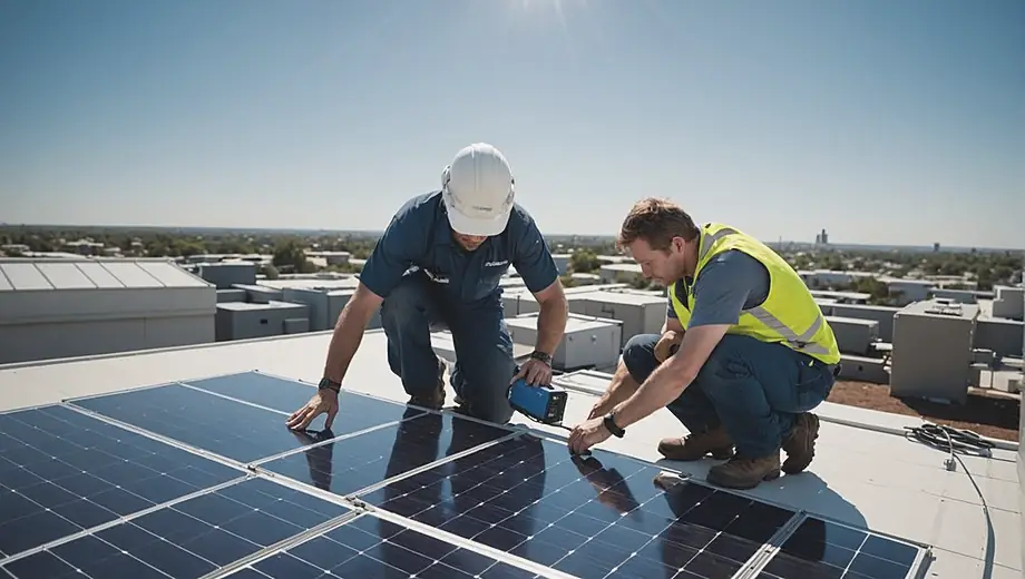 A technician working on a solar installation, adjusting panels on a rooftop under a clear blue sky.