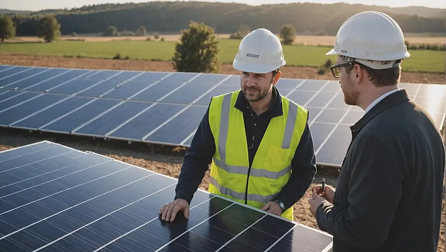 A customer discusses project details with a professional from a renewable energy company at a solar panel installation site, surrounded by equipment and solar panels under a clear blue sky.