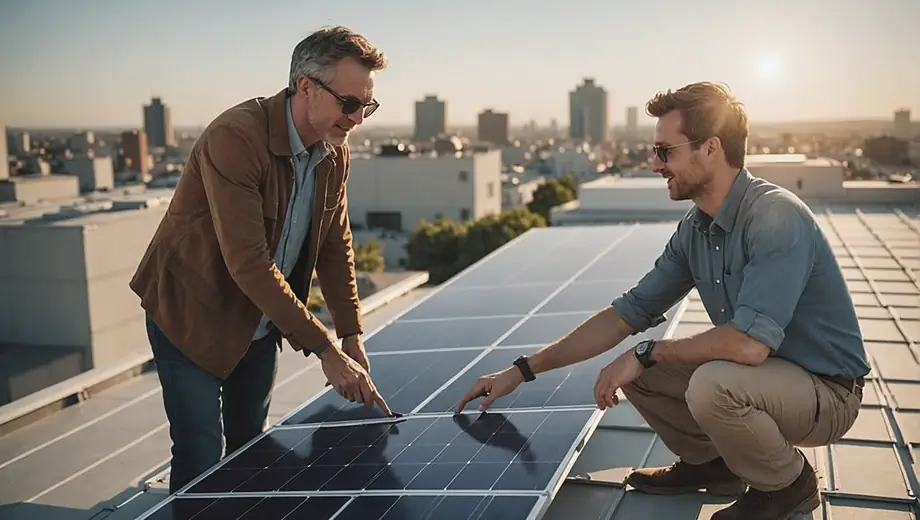 A customer and a professional discuss solar panel installation on a rooftop, with the sun shining and panels being positioned for optimal sunlight exposure.