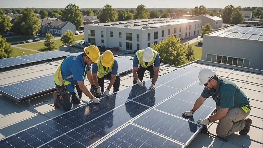 A diverse group of technicians working together on a solar installation project, carefully positioning solar panels on a rooftop under a clear blue sky.