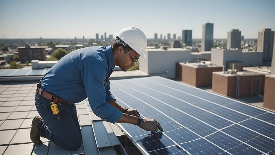 A solar provider technician inspects solar panels on a rooftop, ensuring optimal performance under a clear blue sky.