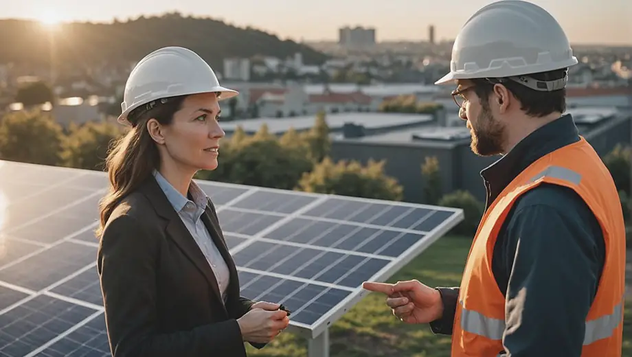 A customer and a professional discuss solar energy solutions on-site, with solar panels visible in the background, highlighting a collaborative approach to renewable energy.