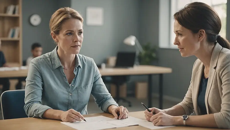 A customer and a professional engage in a speech therapy session on site, with the professional demonstrating techniques and the customer actively participating in exercises to improve communication skills.