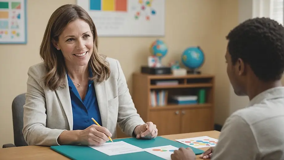 A speech pathologist working one-on-one with a client in a bright, welcoming therapy room, using visual aids and engaging activities to facilitate communication skills.