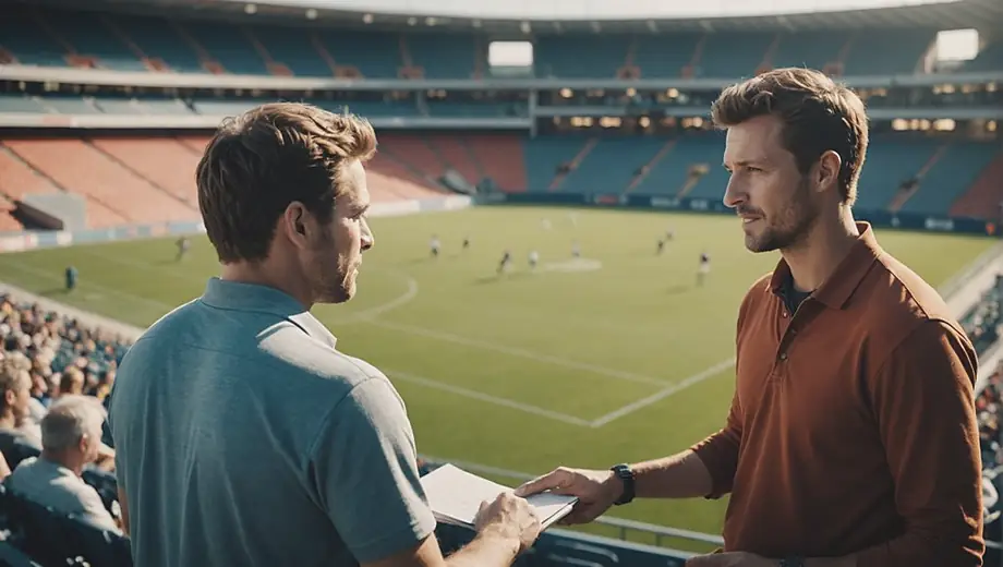 A customer and a professional discuss plans at a Sports Arena, surrounded by seating and a large playing field, showcasing a collaborative atmosphere.