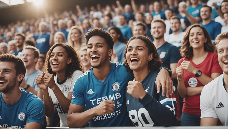 A diverse group of people enjoying a lively atmosphere at a sports venue, cheering for their favorite team while holding banners and wearing team jerseys.