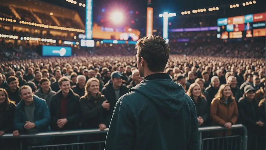 A person stands confidently in the center of a bustling arena, surrounded by vibrant lights and cheering crowds, capturing the excitement of the event.