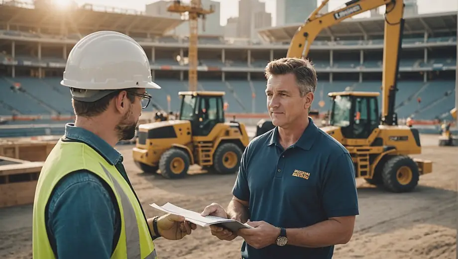 A customer discusses project details with a professional at a stadium, surrounded by construction equipment and blueprints.